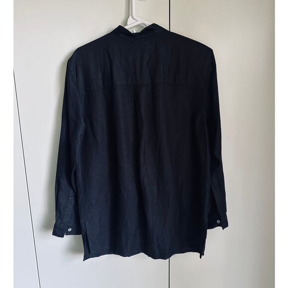 Vintage 90s Minimalist Linen Black Blouse Size 10P Long Sleeve Mock Collar Chic - Picture 8 of 9